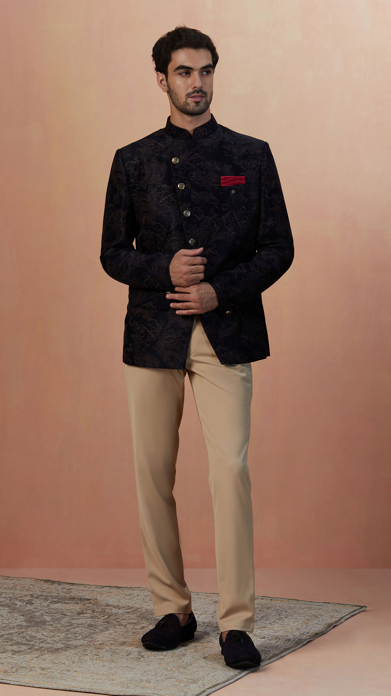 alt message - Manyavar Men Dark Blue Self Design Bandhgala Indo Western image number 1